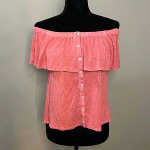 American Eagle Soft and Sexy Slub Pink Off the Shoulder Button Front Top